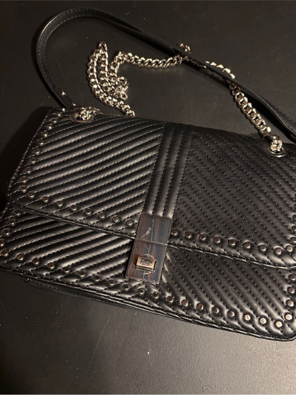 Zara Black Quilted Shoulder Bag with Silver Chain